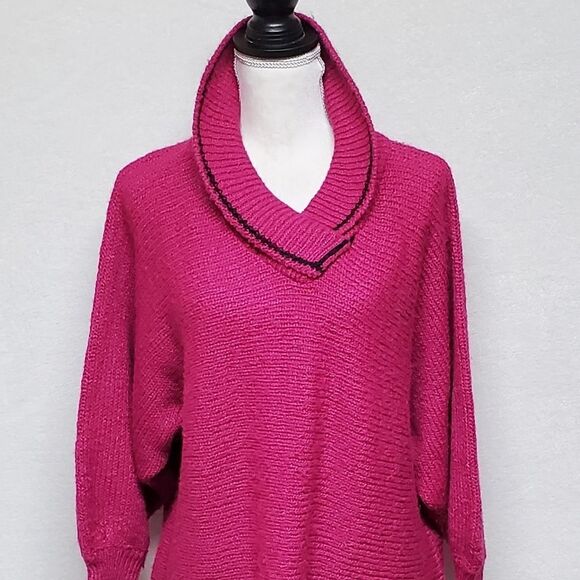 Vintage 1990s Gitano Ribbed Knit Magenta Black Striped Shawl Collar Sweater 22W - Picture 3 of 14